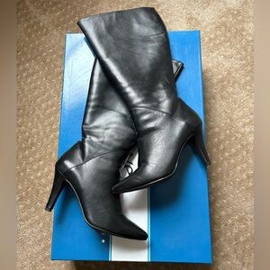 Sleek Black Wide Calf Heeled Boots